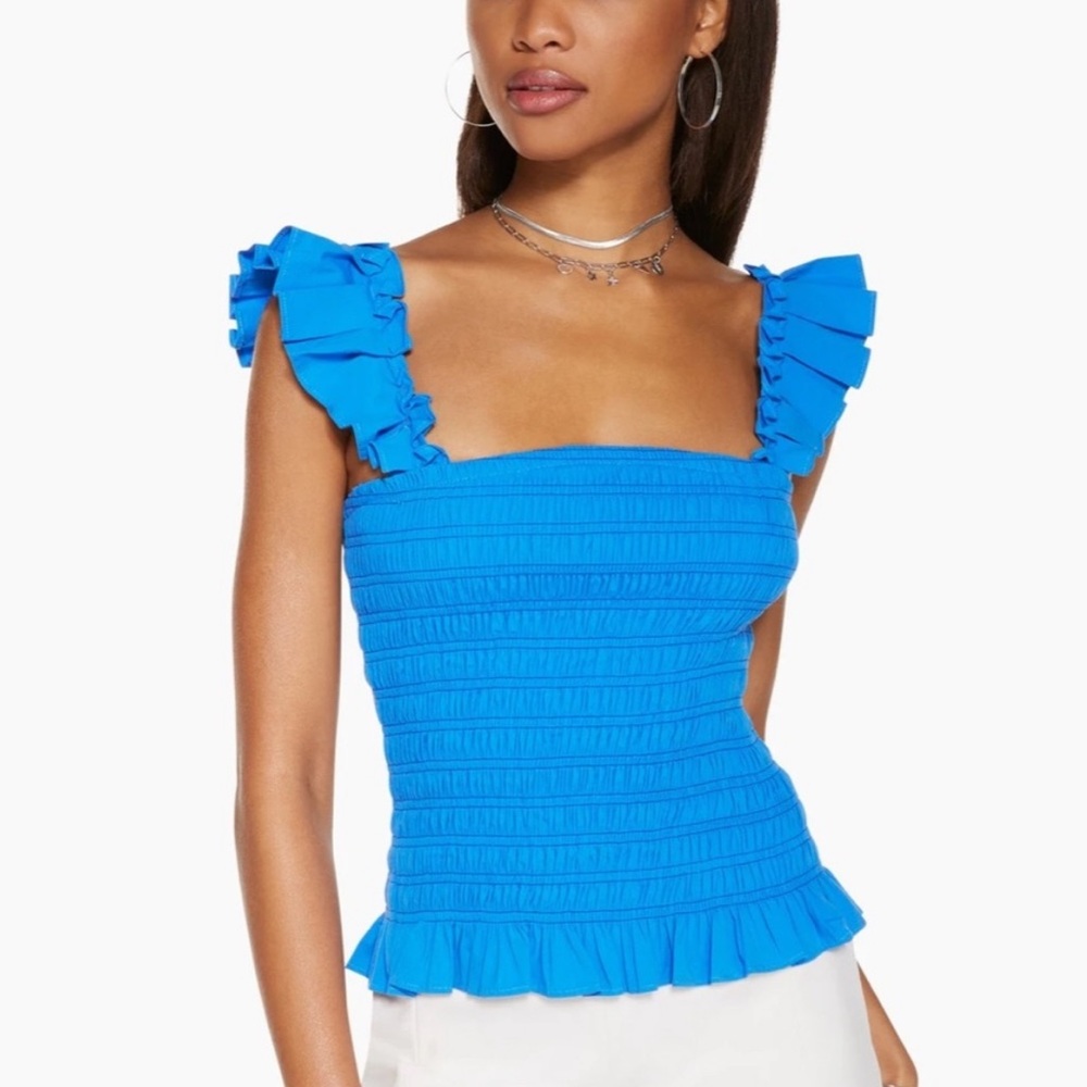 Ramy Brook Electric Blue Smocked Ruffle Strap Top